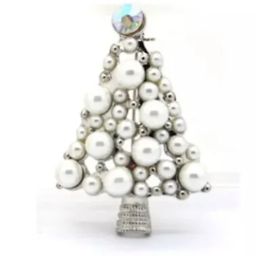 Vintage Pearl and Crystal Silver Christmas Tree Brooch Pin